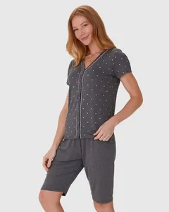 Pijama Feminino Camisa Estampada Com Abotoamento Frontal Em Viscose Stretch Cinza - XGG