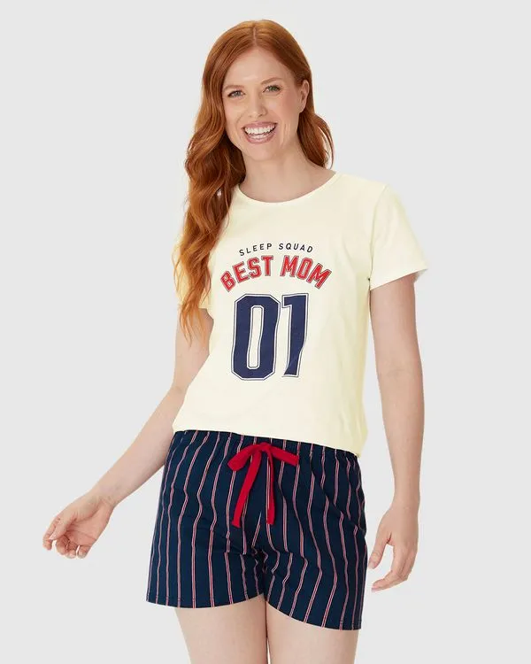 Pijama Curto Feminino Sleep Squad Best Mom Em Algodão Off White - G