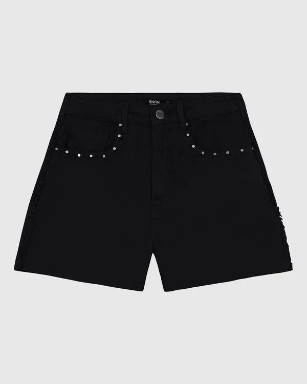 Shorts Feminino Cintura Alta Lateral Desfiada Em Jeans 100% Algodão - ENFIM Preto - 40