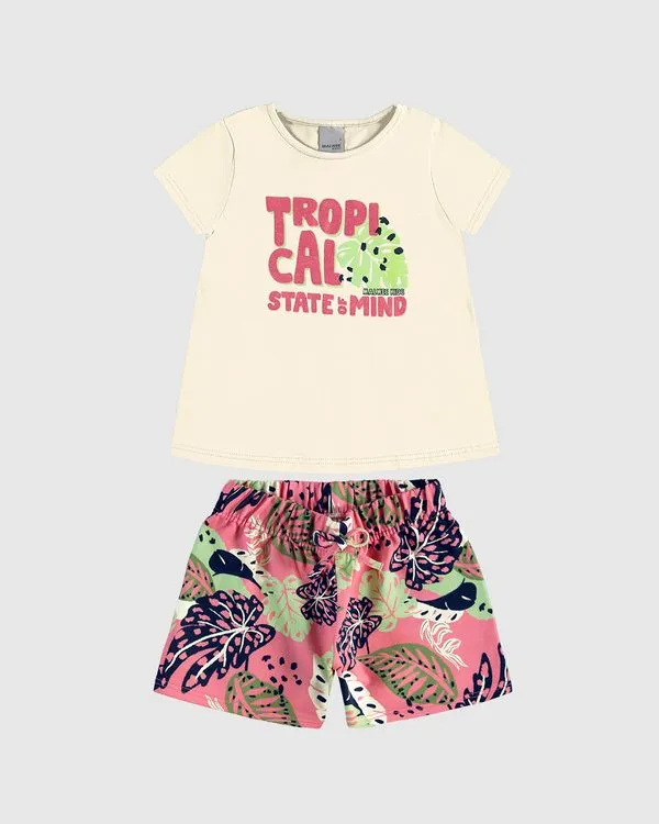 Conjunto Curto Infantil Menina Tropical State Of Mind Em Algodão Malwee Kids Off White - 8