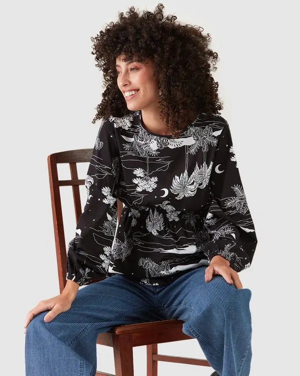 Blusa Feminina Estampada Cintura Com Elástico Em Algodão Off White - PP