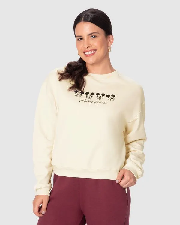 Blusão Amplo Feminino Estampa Frontal Mickey Mouse Em Moletom Flanelado Off White - P