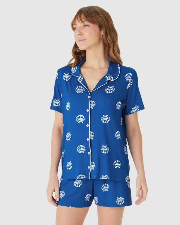 Pijama Curto Feminino Americano Estampa Corrida Digital Em Viscose Stretch Azul - G