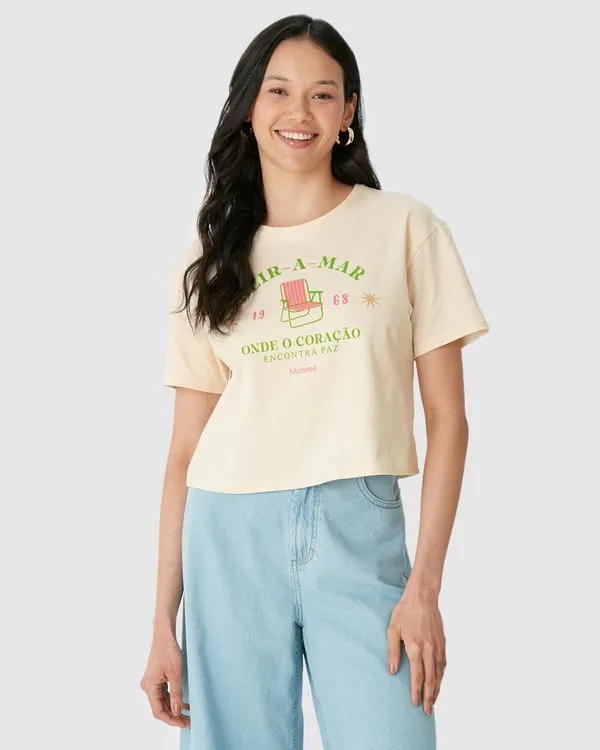 Camiseta Cropped Feminina Estampa Beira-A-Mar Em Algodão Off White - M