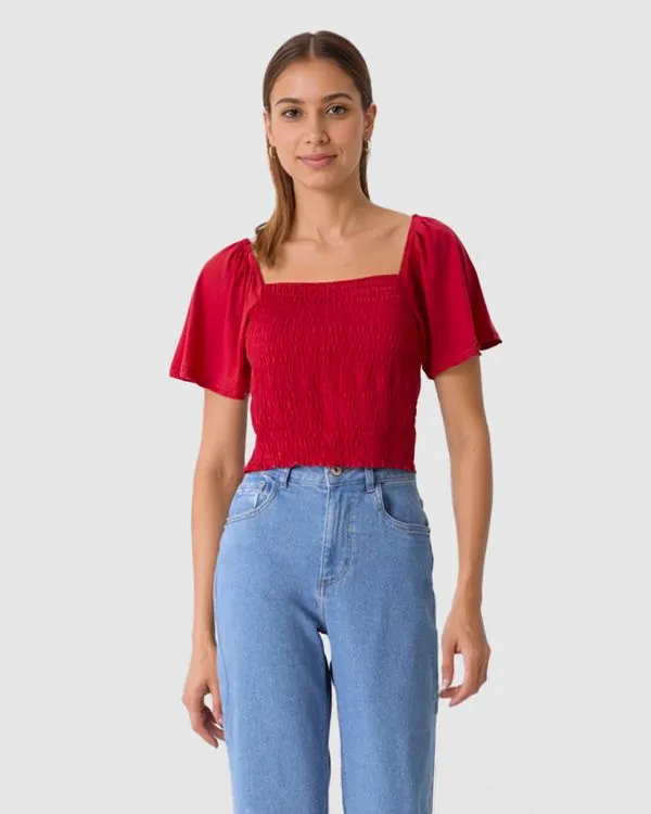 Blusa Feminina Detalhe Lastex Frontal E Manga Curta Em Algodão Vermelho - G