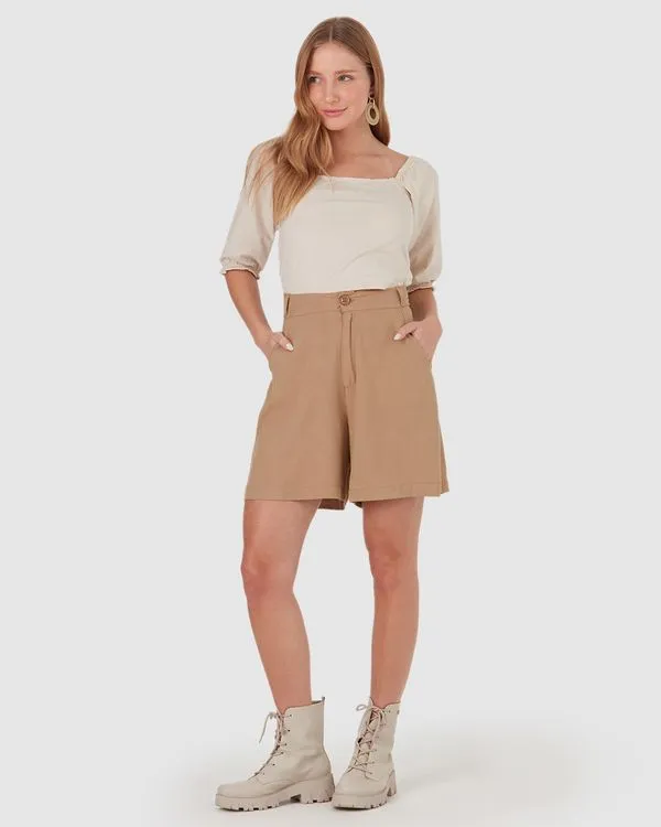 Shorts Feminino Amplo Em Viscose Marrom - P
