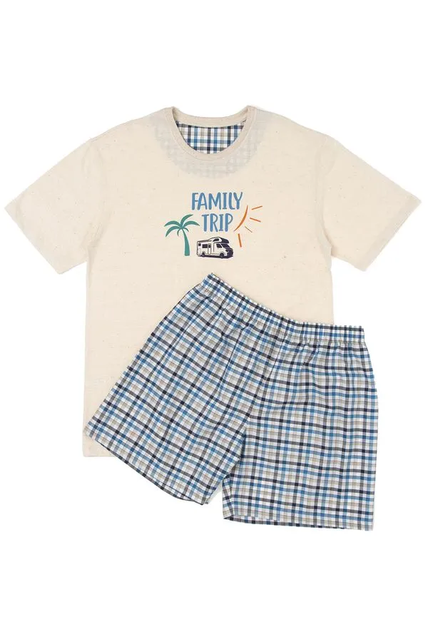 Pijama Curto Feminino em Malha "family Trip" Cru Cru - G