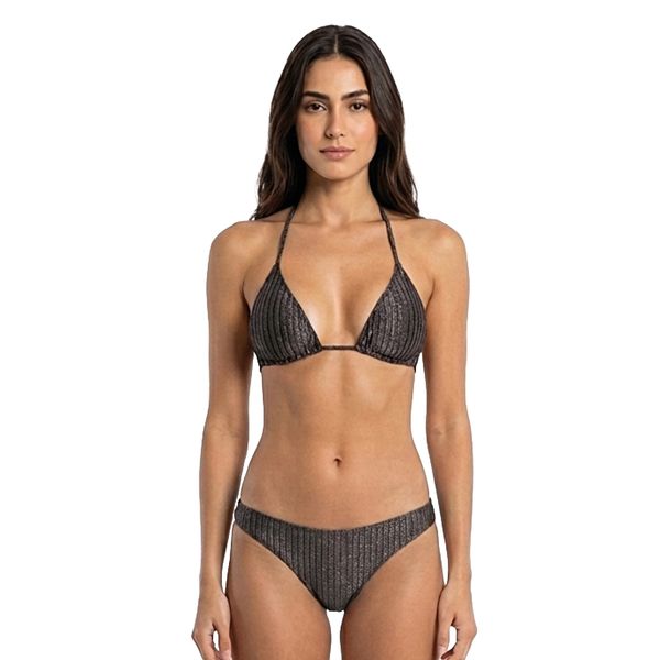 Conjunto de Biquíni Top Cortininha e Calcinha Biquíni Preto Brilho Preto Brilho - G