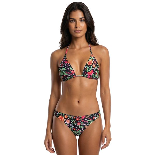 Conjunto de Biquíni Top Cortininha e Calcinha Biquíni Surface Floral Fundo Preto Floral Fundo Preto - M