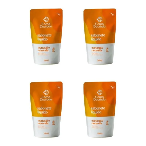 Kit c/4 Sabonetes Liquido Corpo Dourado Pouch 200ml Maracujá/Camomila