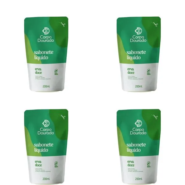 Kit c/4 Sabonetes Líquido Corpo Dourado Pouch 200ml Erva Doce