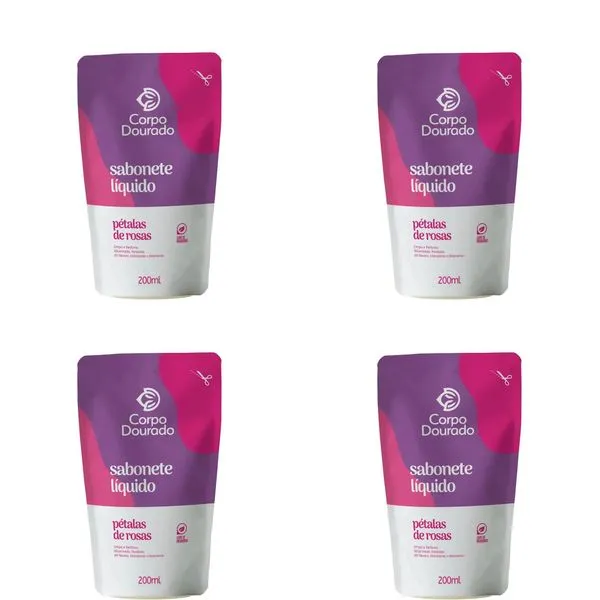 Kit c/4 Sabonetes Líquido Corpo Dourado Pouch Petalas De Rosa 200ml