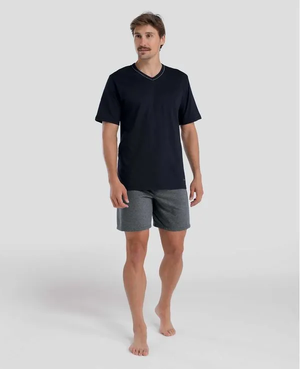 Pijama Curto Algodão Gola V Preto GG