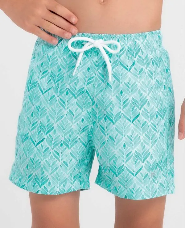 Short Praia Infantil Estampado Folhagem Verde Água Claro P