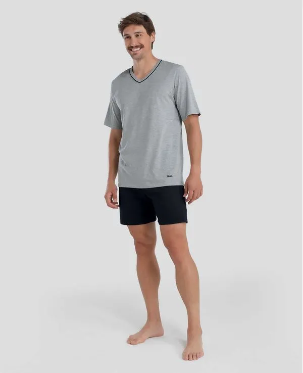 Pijama Curto Algodão Gola V Cinza Mescla Claro G