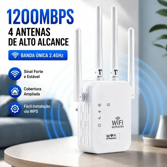 Repetidor De Sinal Wi-fi Roteador 4 Antenas Wireless 1200mbps Amplificador Extensor Longo Alcance E Alta Performance Turbo Sem Fio Branco