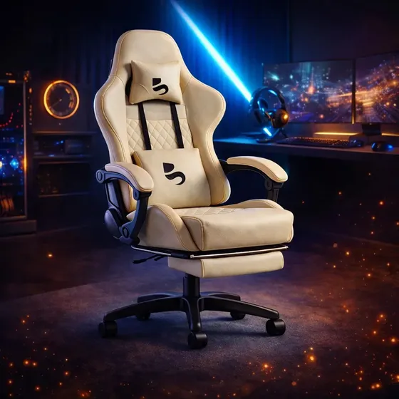 Cadeira Gamer Ergonômica Escritório 150kg Reclinável 150kg Bege Couro Sintético