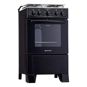 Fogão 4 Bocas Atlas Coliseum Plus Preto A Gás com Mesa de Inox e Forno de 50 Litros Acendimento Manual