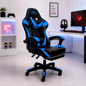 Cadeira Gamer Ergonomica Reclinavel Apoio Pes Almofada Azul Couro Sintetico Apoio Lombar Confortavel Altura Ajustavel Escritorio Oblivion Nienz