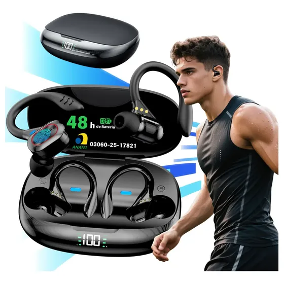 Fone de Ouvido JSKJ TWS S730 Bluetooth Esportivo Preto para Academia e Corrida
