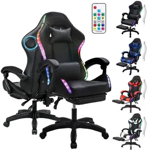Cadeira Gamer Ergonômica Reclinável Com Apoio Para Pés E Almofada Lombar Couro Sintético Premium Rodízios Silenciosos Base Reforçada Ajuste De Altura Apoio De Cabeça Rgb Led Caixa Som Bluetooth-Preto