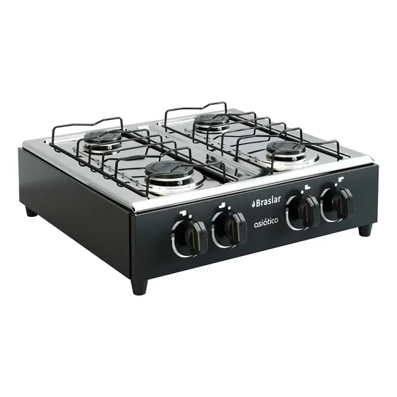 Fogão Cooktop de Mesa Portátil Asiático com Mesa Inox 4 Bocas Á gás Acendimento Manual Braslar Preto