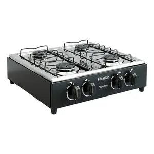 Fogão Cooktop de Mesa Portátil Asiático com Mesa Inox 4 Bocas Á gás Acendimento Manual Braslar Preto
