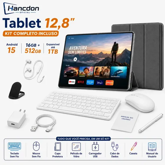 Tablet Android 15 Tab Kit Completo Ram 16gb 512gb 12,8'' Hd Tela Apoia Wifi 2,4/4/5g Bateria 8800mah Com Caneta+teclado E Mouse Profissional Estudo Trabalho Ia Gemini Jogos 2 Em 1 Tablets Pc Cinza
