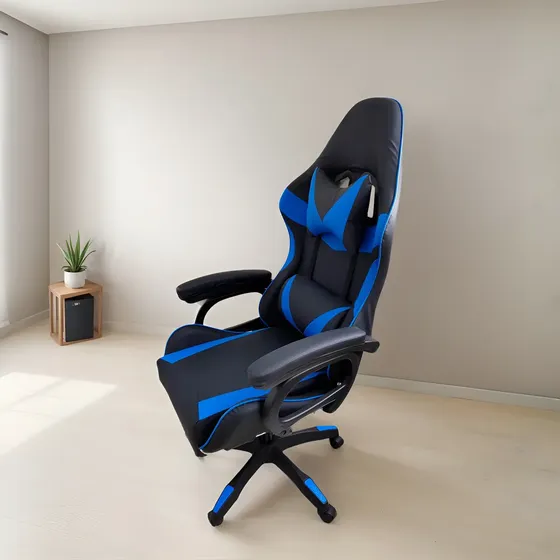 Cadeira Escritório Gamer Estofada Couro Sintético Azul