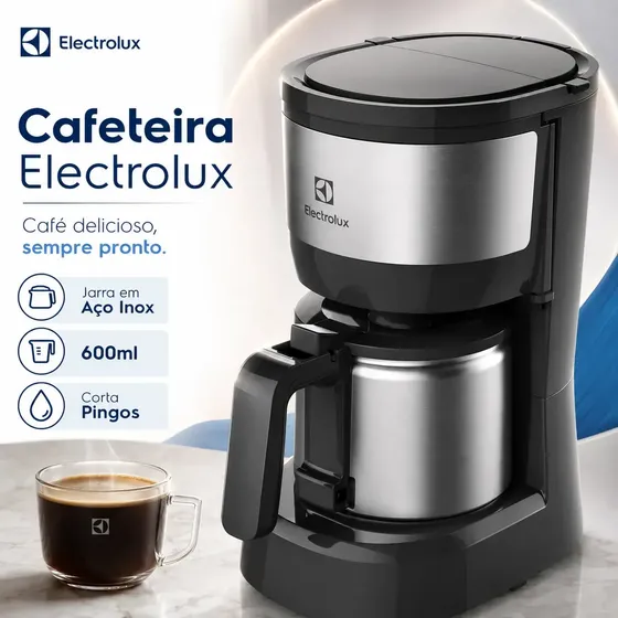 Cafeteira Elétrica Electrolux Efficient Jarra Inox Aço Escovado 15 Xícaras 600ml Filtro Permanente Removível Corta Pingos Base Aquecedora Design Prateado Compacta Café Casa Premium Apartamento Obra