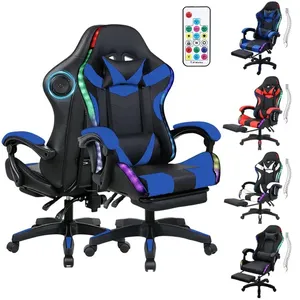 Cadeira Gamer Ergonômica Reclinável Com Apoio Para Pés E Almofada Lombar Com Massagem Para Rgb Led Caixa De Som Bluetooth Rodízios Silenciosos Base Reforçada Ajuste De Altura Apoio De Cabeça-Azul