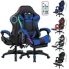 Cadeira Gamer Ergonômica Reclinável Com Apoio Para Pés E Almofada Lombar Com Massagem Para Rgb Led Caixa De Som Bluetooth Rodízios Silenciosos Base Reforçada Ajuste De Altura Apoio De Cabeça-Azul