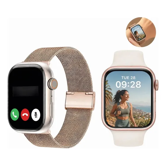 Relógios Smartwatch Rosa Ouro Pulseira Milanesapulseira Branco Milanês Dourado