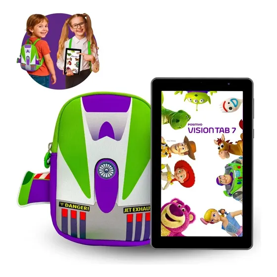 Tablet Infantil Positivo Vision TAB 7 Toy Story 3GB RAM 64GB SSD Tela 7” Octa-Core 3100mAh Wi-fi Android 14 Go, acompanha capa de proteção de silicone e uma mochila do Buzz - Preto