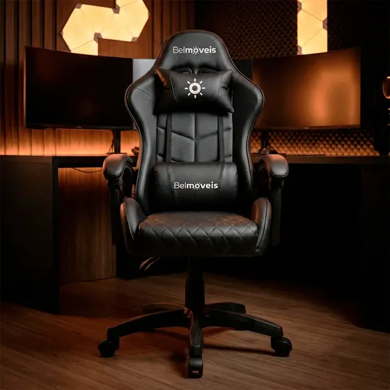 Cadeira Gamer Belmóveis BM4 Ergonômica Reclinável 150 Graus Giratória Couro PU Almofadass