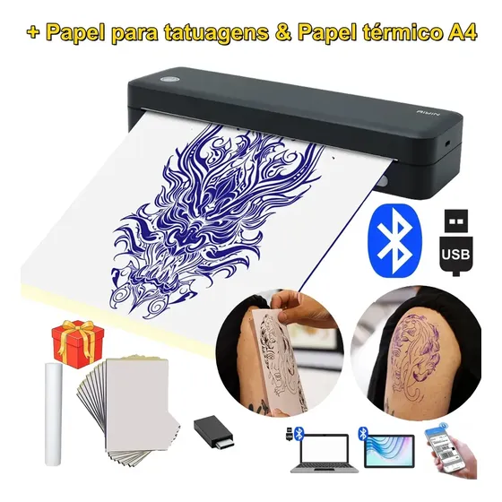 Impressora E De Tatuagem A4 2en1 Bluetooth + Papel A4 + Papel de Tatuagem Portátil 203DPI 127V/220V USB Portátil Impressora Para Tatuagem Tatto Ios Android Windows App Térmica PDF WORD EXCEL Sem Fio