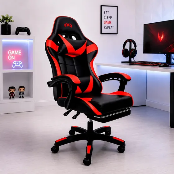 Cadeira Gamer Ergonomica Reclinavel Apoio Pes Almofada Vermelha Couro Sintetico Apoio Lombar Confortavel Altura Ajustavel Escritorio Oblivion Nienz