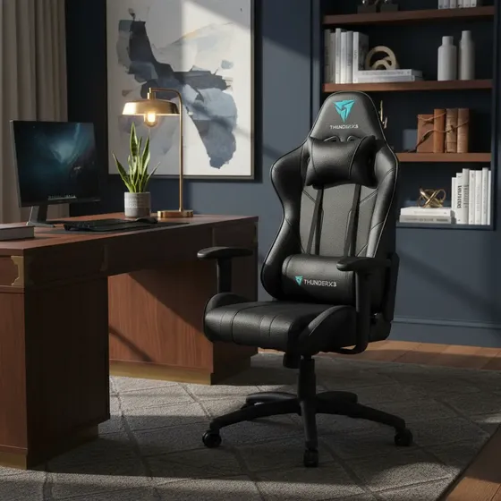 Cadeira De Escritório Timberflex ThunderX3 EC3 Gamer Ergonômica Preta Com Estofado De Couro Sintético