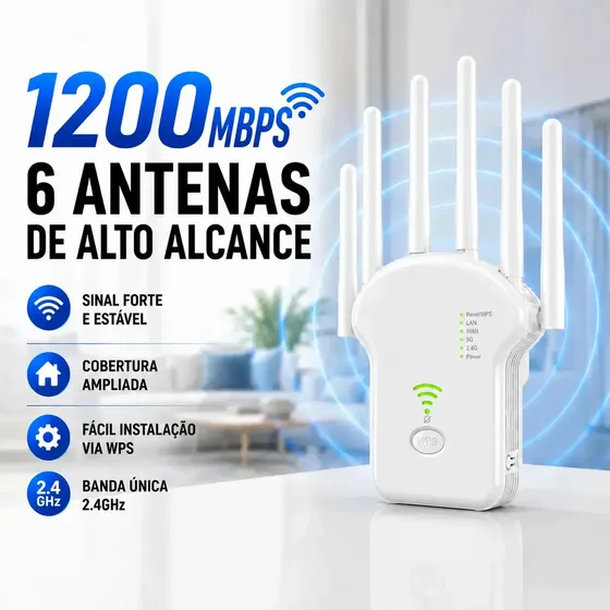 Repetidor De Sinal Wi-fi Roteador 6 Antenas Wireless 1200mbps Amplificador Extensor Longo Alcance E Alta Performance Turbo Sem Fio Branco