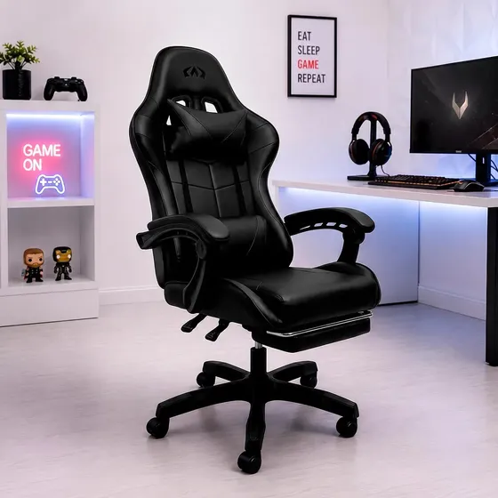 Cadeira Gamer Ergonomica Reclinavel Apoio Pes Almofada Preta Couro Sintetico Apoio Lombar Confortavel Altura Ajustavel Escritorio Oblivion Nienz