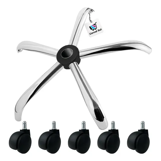 Kit Base Estrela Cercal Sul Prateado Aço Cromado Rodízios 56cm Cadeira Gamer