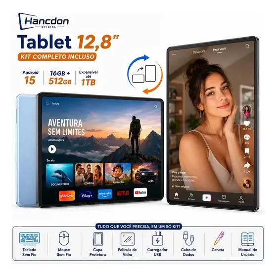 Tablet Android 15 Pro 12,8 Polegadas Hd Tela 16gb Ram 512gb Apoia Wifi 2.4/5g Bateria 8800mah Oct-core 24mp/48mp Com Capa E Teclado E Mouse Para Estudo E Trabalho Cor Azul-escuro Marca Hancdon