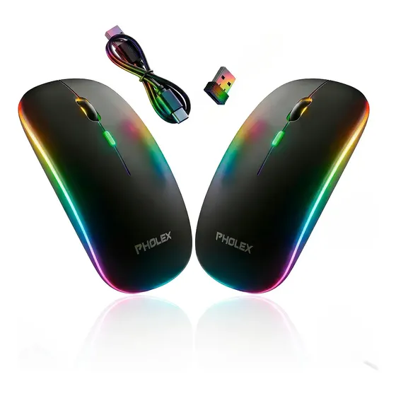 2 Mouse Sem Fio Pholex Recarregável Wireless Optico Led Rgb Ergonômico Sem Fio Para Pc Desktop Notebook Tablet Smartphone