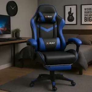 Cadeira Gamer Profissional Reclinável Apoio De Pés X-ray Cor Azul Material do estofamento Couro sintético