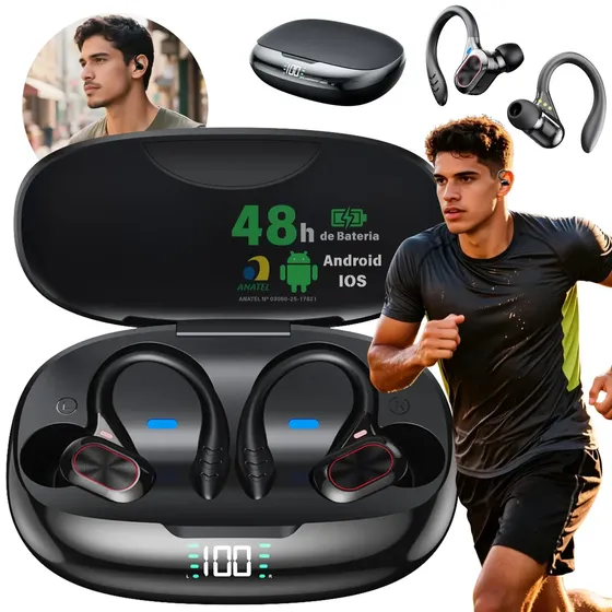 Fone de Ouvido Bluetooth JSKJ TWS730-V6 para Esportes, com Gancho e IPX5