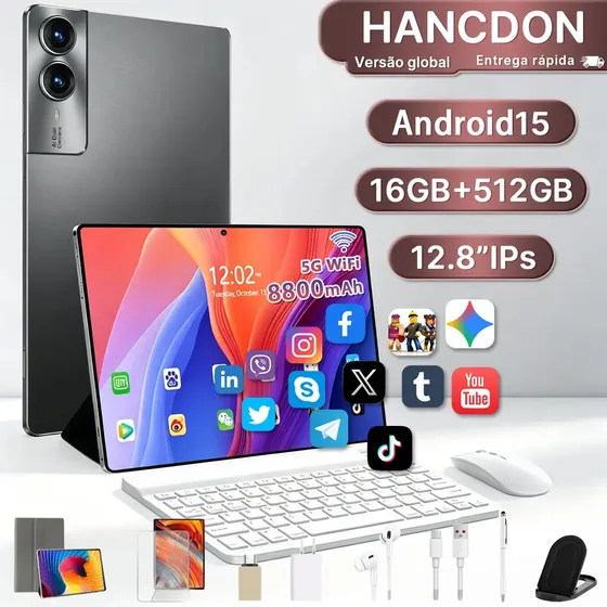 Tablet Hancdon Android 15 16gb Ram 512gb 12.8 Polegadas Deca Core Camera 48mp Wifi 5g Bateria 8800mah Cor Cinza
