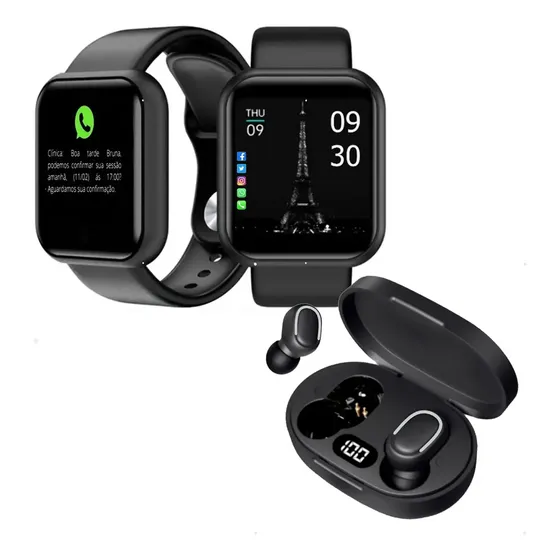 Relógio Smart Digital Masculino Feminino e Fone Sem fio Bluetooth Pulseira Preto Allphone
