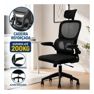 Cadeira Escritório Ergonômica Malha Respirável Braços Dobráveis Apoio De Cabeça Suporte Lombar Encosto Alto Altura Regulável Giratória Home Office Gamer Estudo Trabalho Preta Espuma Viva