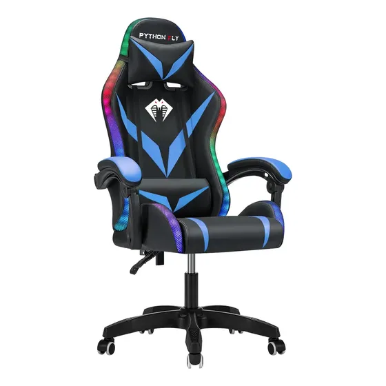 Cadeira Gamer E Escritório Python Fly Com Led Rgb Ergonômica Cor Azul e Preto Material do estofamento Couro sintético