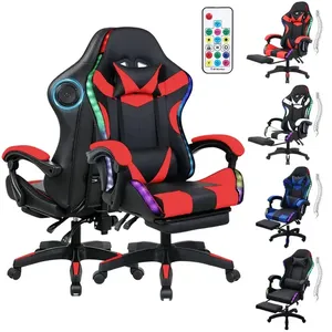 Cadeira Gamer Ergonômica Reclinável Com Apoio Para Pés E Almofada Lombar Com Massagem Para Rgb Led Caixa De Som Bluetooth Rodízios Silenciosos Base Reforçada Ajuste De Altura Apoio De Cabeça-Rojo